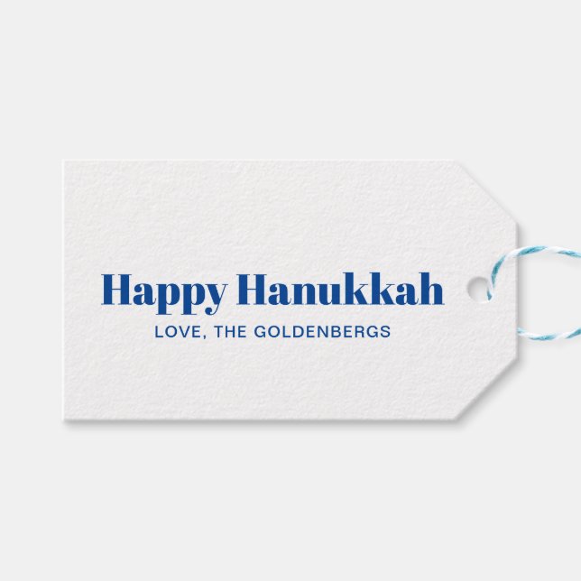Happy Hanukkah Weiß-Blau-minimalistisch personalis Geschenkanhänger (Vorderseite (Horizontal))