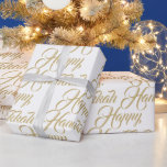 Happy Hanukkah weiß Gold moderne elegante Drehbuch Geschenkpapier<br><div class="desc">Happy Hanukkah Imitat Gold und weiß moderne elegante Drehmuster Geschenk Wrapping Paper. Imitate goldene Schrift Typografie Muster auf weißem Hintergrund.</div>