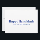 Happy Hanukkah weißer, minimalistischer, benutzerd Feiertagskarte<br><div class="desc">Happy Hanukkah blau und weiß moderne Typografie minimalistisch einfache personalisierte Hanukkah Holiday Card. Vollständig anpassbarer blauer Text auf weißem Hintergrund.</div>