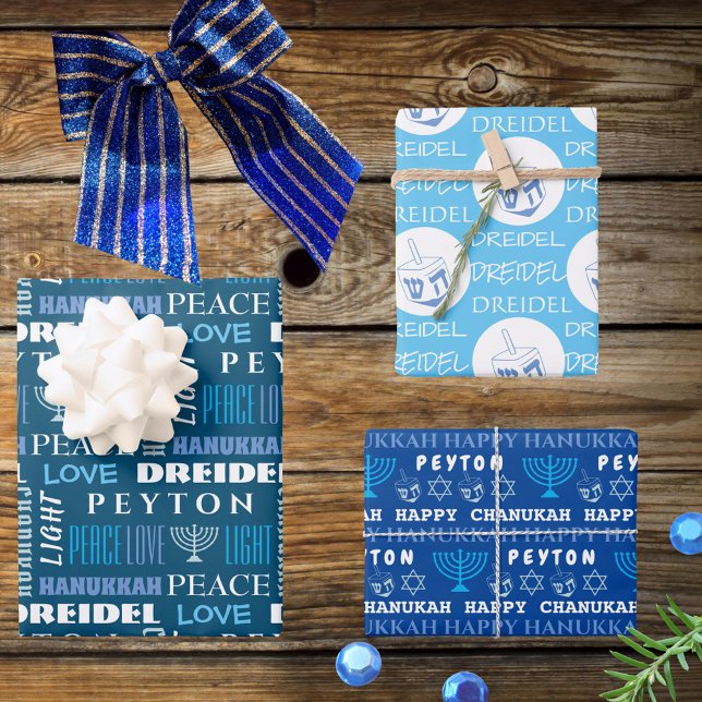 Happy Hanukkah White Blue Kinder Name Typografie Geschenkpapier Set (Von Creator hochgeladen)