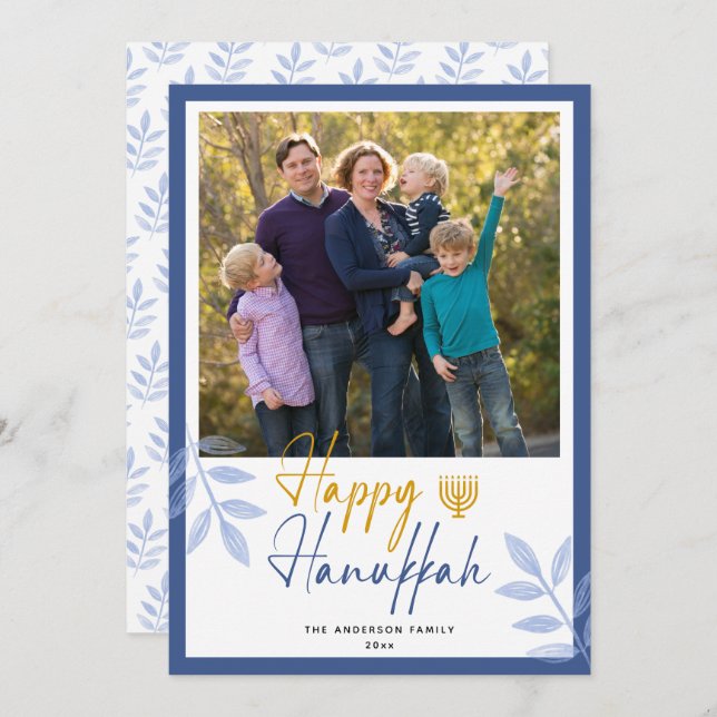 Happy Hanukkah White Foto Holiday Feiertagskarte (Vorne/Hinten)