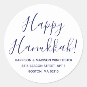 Happy Hanukkah White Marine Skript-Rücksendeadress Runder Aufkleber