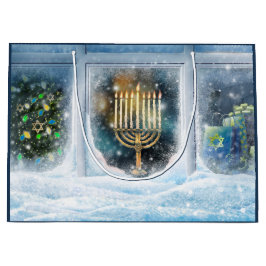 Happy Hanukkah. Winterlandschaft mit Menorah Große Geschenktüte