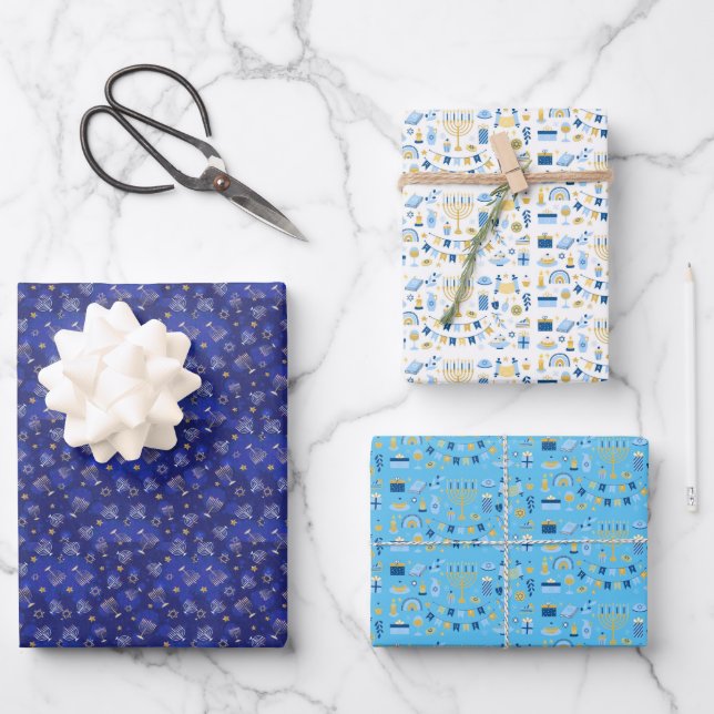 Happy Hanukkah Wrapping Paper 3 Pack Geschenkpapier Set (Vorderseite)