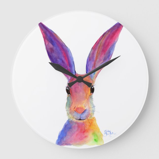 Happy Hare ' JELLY BEAN ' Clock von Shirley Mac Große Wanduhr (Vorderseite)