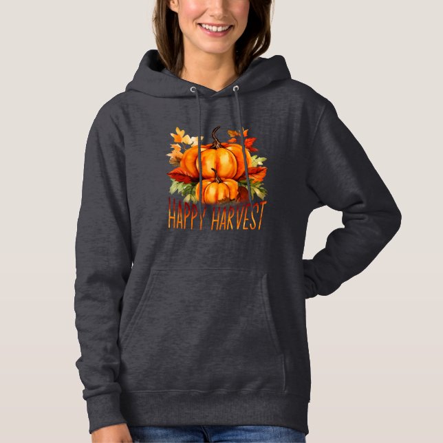 "Happy Harvest" Aquarell Pumpkin & Herbstlaubs Hoodie (Vorderseite)