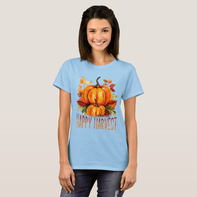 "Happy Harvest" Aquarell Pumpkin & Herbstlaubs T-Shirt (Vorne ganz)