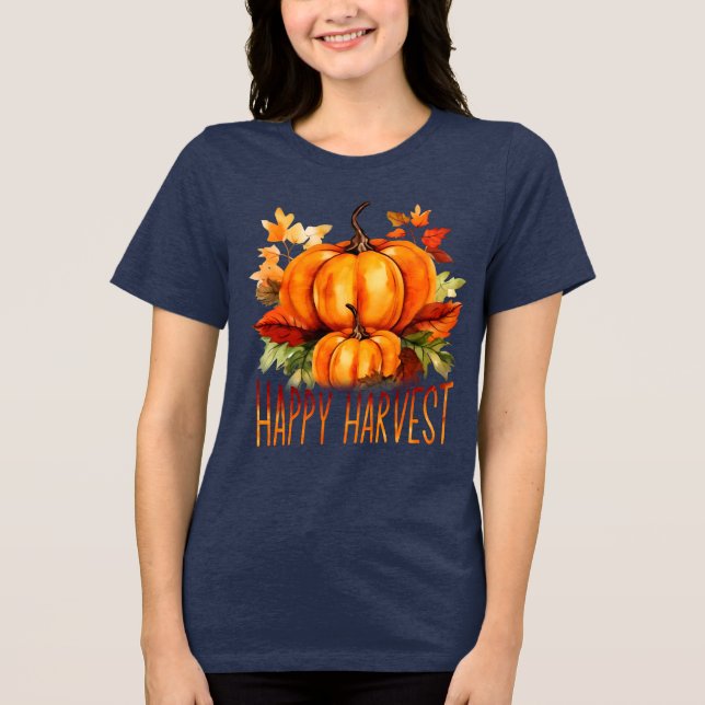 "Happy Harvest" Aquarell Pumpkin & Herbstlaubs Tri-Blend Shirt (Vorderseite)