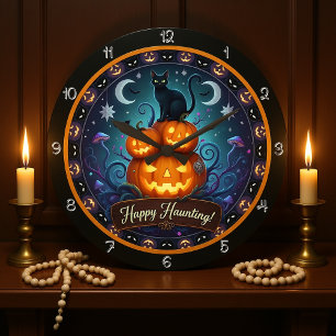 Happy Haunting Black Cat Pumpkin Große Wanduhr