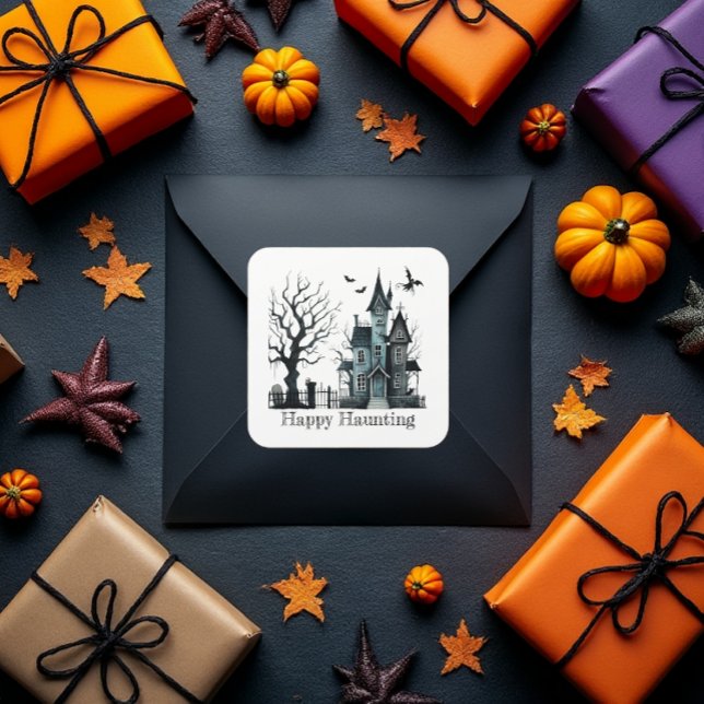 Happy Haunting Quadratischer Aufkleber (Wishing all your friends a special "Happy Haunting".)