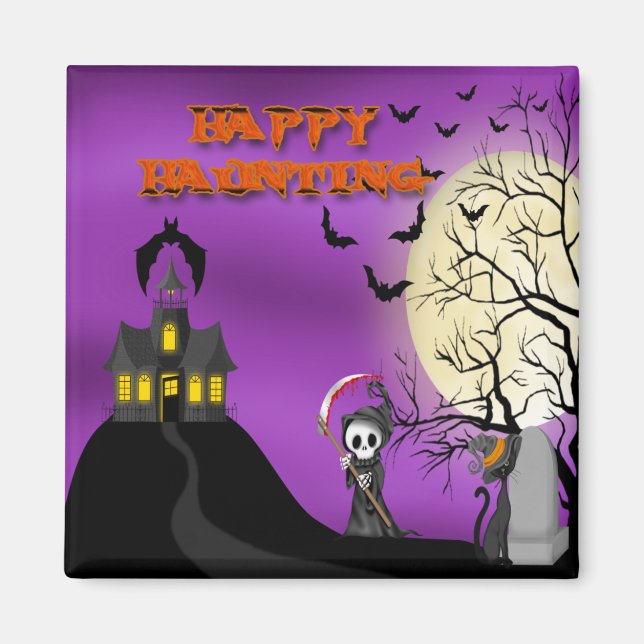 Happy Haunting Sensenmann Square Magnet (Vorne)