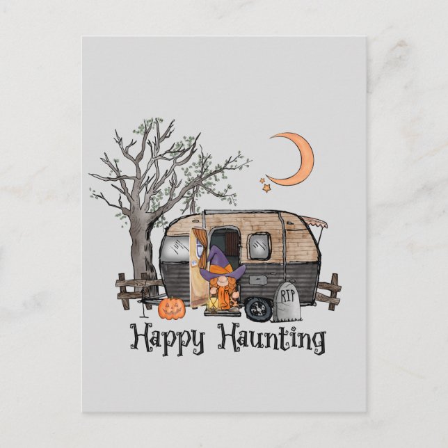 Happy Haunting - Spooky Hexe und Camper Van Postkarte (Vorderseite)