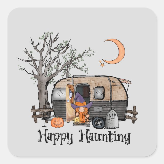 Happy Haunting - Spooky Hexe und Camper Van Quadratischer Aufkleber (Vorderseite)