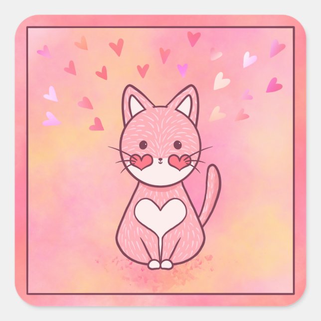 Happy Heart Cat Quadratischer Aufkleber (Vorderseite)