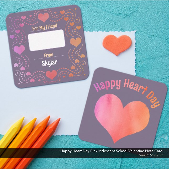 Happy Heart Day Pink Iridescent School Valentine Mitteilungskarte (Happy Heart Day Kid's School Valentine Card: Lavender with Pink and Peach Iridescent Metallic Look.)