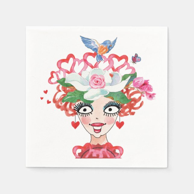 Happy Hearts Blume Bird Lady Hat Serviette (Vorderseite)