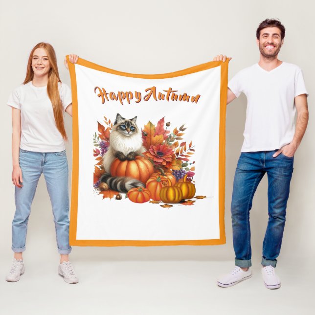 Happy Herbst Ragdoll Cat and Pumpkins Fleecedecke (Beispiel)