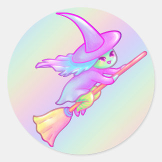 Happy Hexe, die auf Broomstick Zeichne Runder Aufkleber