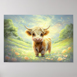 Happy Highland Kuh umgeben von lebhaften Blüten Poster