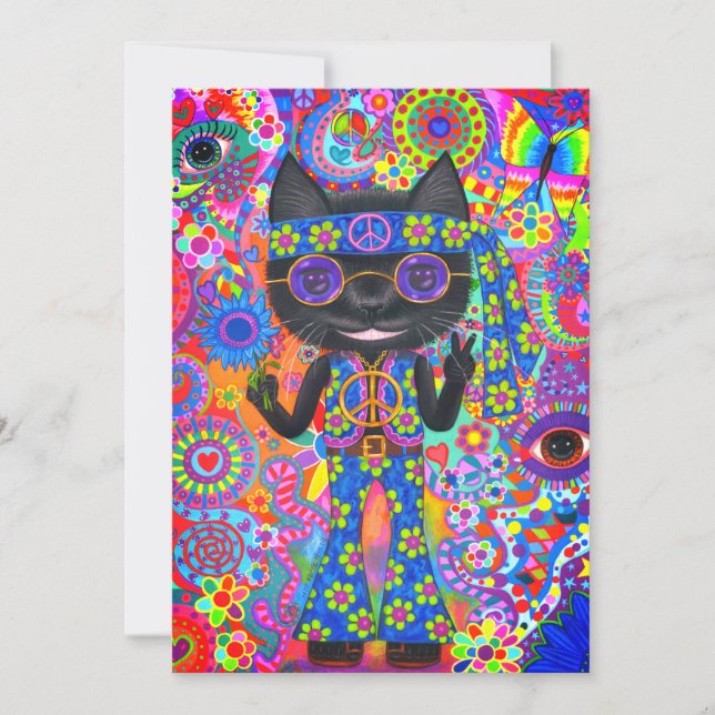 Happy Hippie Cat Sonnenbrille Peace Sign Blume Einladung (Vorderseite)