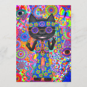 Happy Hippie Cat Sonnenbrille Peace Sign Blume Einladung