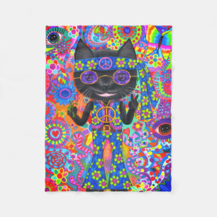 Happy Hippie Cat Sonnenbrille Peace Sign Blume Fleecedecke