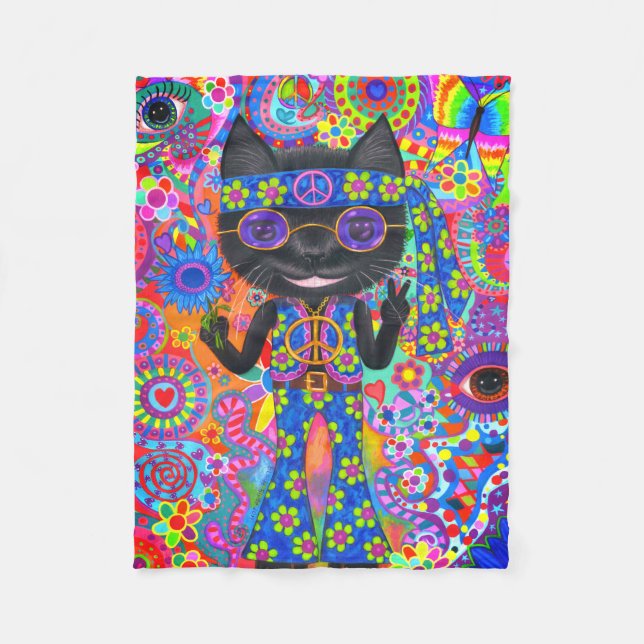 Happy Hippie Cat Sonnenbrille Peace Sign Blume Fleecedecke (Vorderseite)