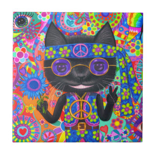 Happy Hippie Cat Sonnenbrille Peace Sign Blume Fliese