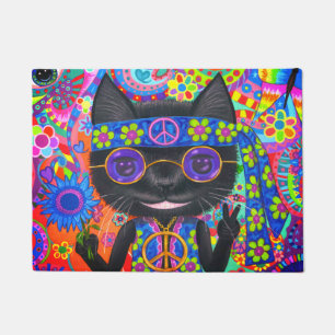 Happy Hippie Cat Sonnenbrille Peace Sign Blume Fußmatte