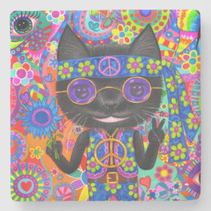 Happy Hippie Cat Sonnenbrille Peace Sign Blume Steinuntersetzer