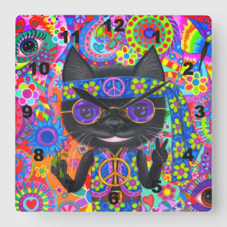 Happy Hippie Cat Sonnenbrille Peace Signes Blume N Quadratische Wanduhr