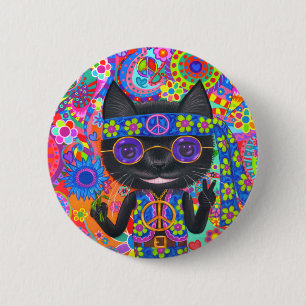 Happy Hippie Cat Sunglasses Peace Signes Blume Button
