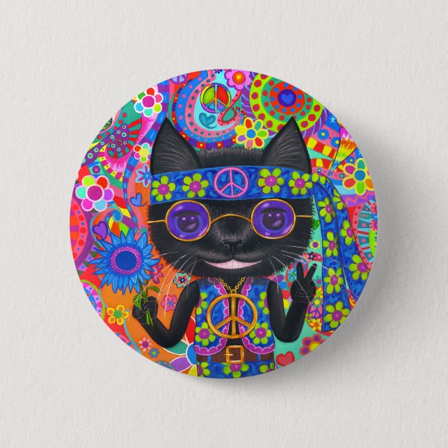 Happy Hippie Cat Sunglasses Peace Signes Blume Button (Vorderseite)