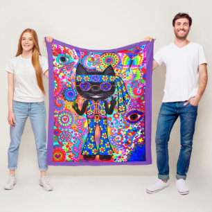 Happy Hippie Cat Sunglasses Peace Signes Blume Fleecedecke