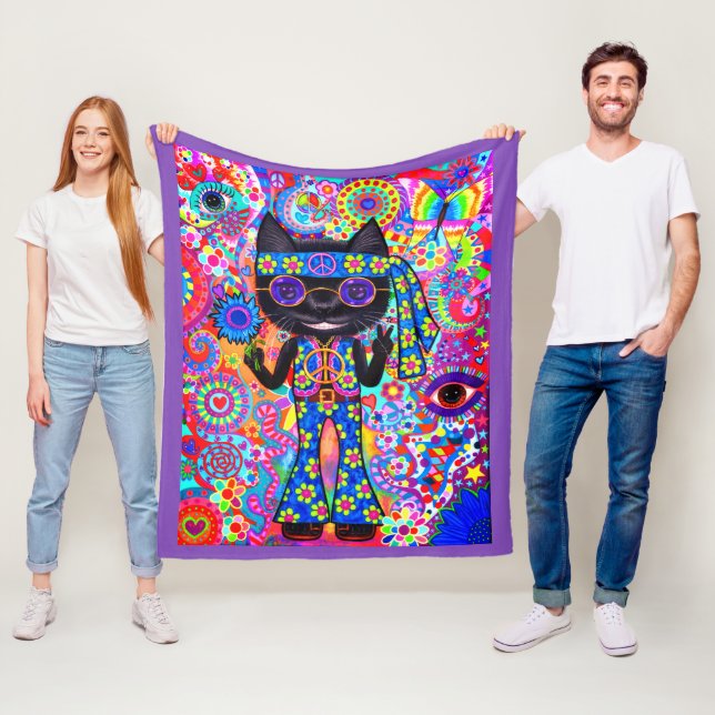 Happy Hippie Cat Sunglasses Peace Signes Blume Fleecedecke (Beispiel)