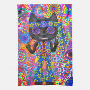 Happy Hippie Cat Sunglasses Peace Signes Blume Geschirrtuch