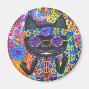 Happy Hippie Cat Sunglasses Peace Signes Blume Magnet