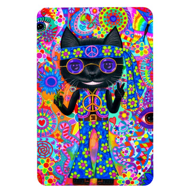 Happy Hippie Cat Sunglasses Peace Signes Blume Magnet (Vertikal)