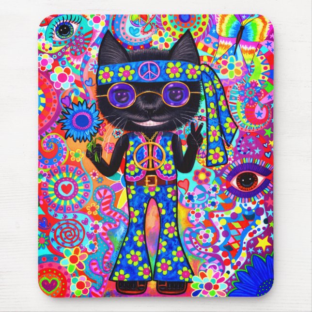 Happy Hippie Cat Sunglasses Peace Signes Blume Mousepad (Vorne)