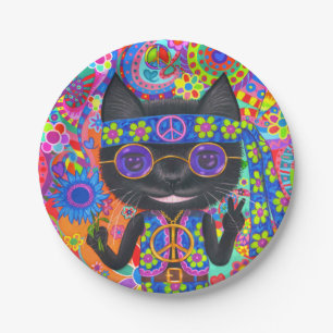 Happy Hippie Cat Sunglasses Peace Signes Blume Pappteller