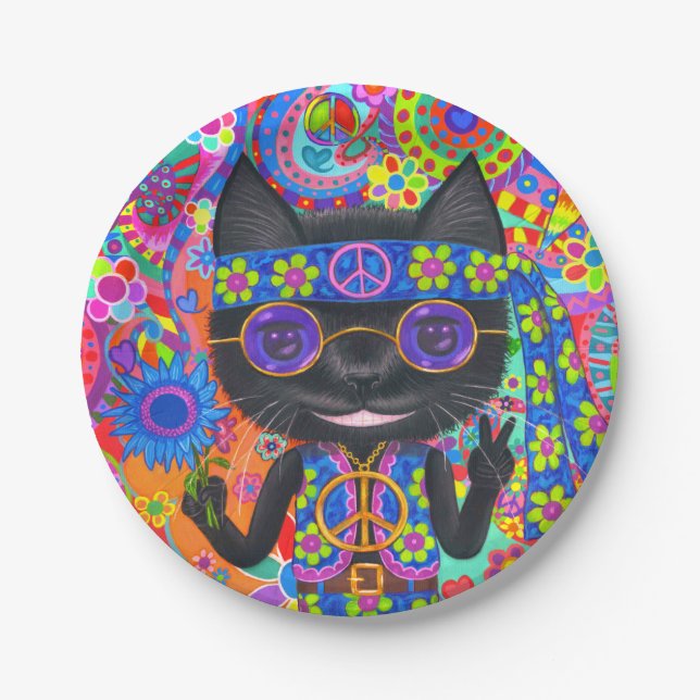 Happy Hippie Cat Sunglasses Peace Signes Blume Pappteller (Vorderseite)