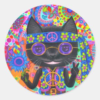 Happy Hippie Cat Sunglasses Peace Signes Blume Runder Aufkleber