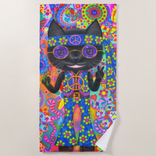 Happy Hippie Cat Sunglasses Peace Signes Blume Strandtuch