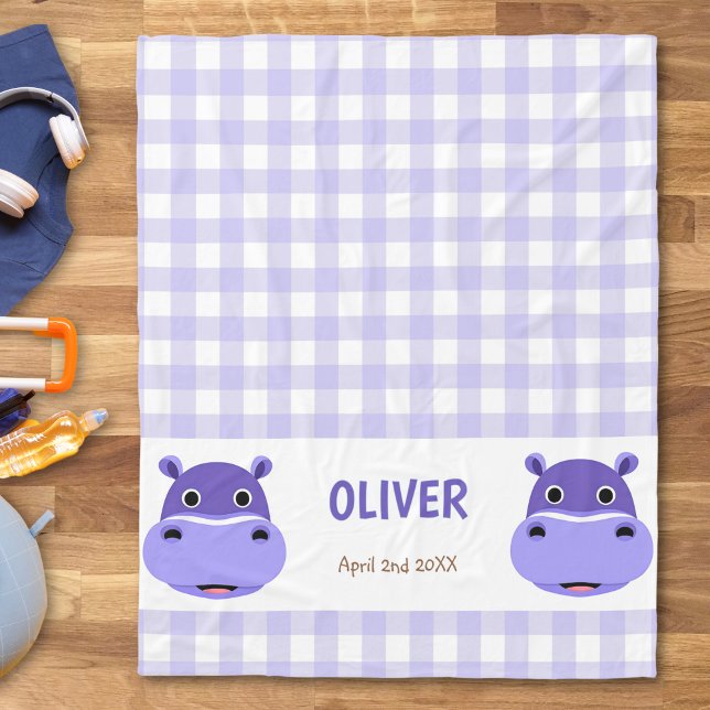 Happy Hippo Face Lila Gingham Fleecedecke (Von Creator hochgeladen)