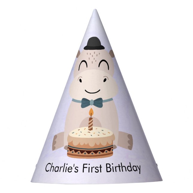 Happy Hippo mit Geburtstagskuchen Partyhütchen (Vorderseite)