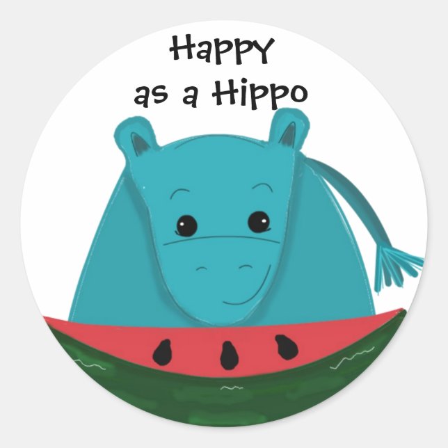 Happy Hippo mit Watermelon Slice Runder Aufkleber (Vorderseite)