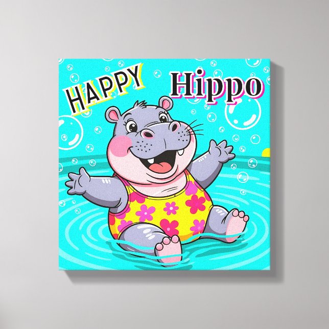 Happy Hippo | Niedlicher Cartoon Kids Kinderzimmer Leinwanddruck (Vorderseite)