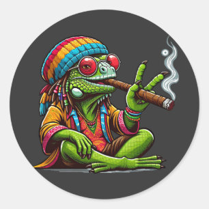 Happy Hippy Iguana Rauchen Zigarre Kunst Runder Aufkleber