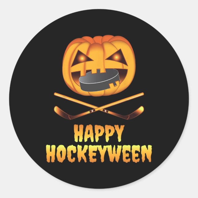 Happy Hockeyween Hockey Pumpkin Eating Puck Fun Ha Runder Aufkleber (Vorderseite)