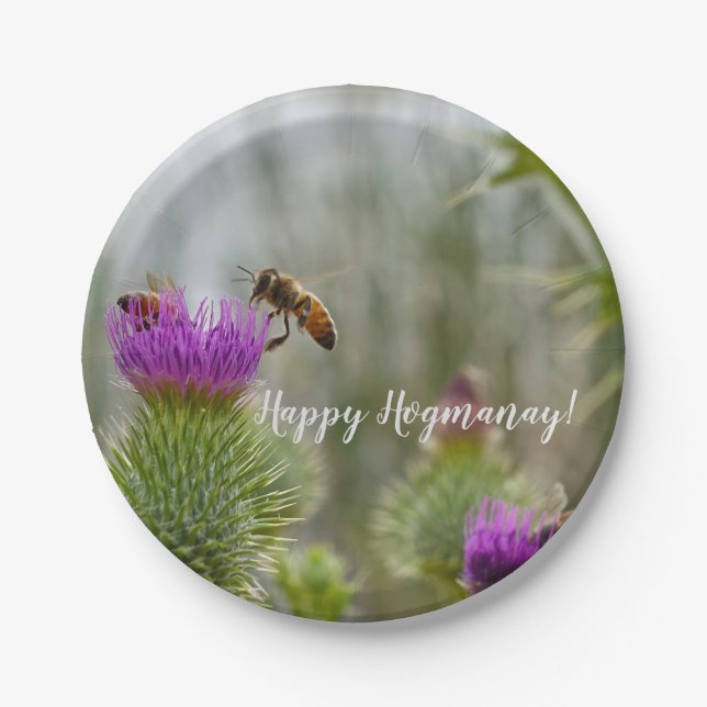 Happy Hogmanay Celebration Thistle & Honey Bees Pappteller (Vorderseite)